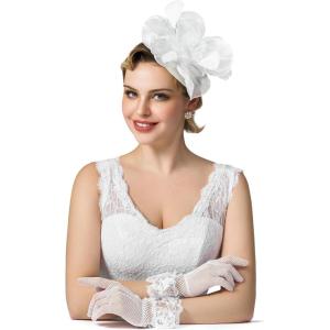 imageSWEETV Fascinators Hats for Women Tea Party Hat and Gloves Set for Kentucky Derby Cocktail Wedding Fancy Dress PartyWhite