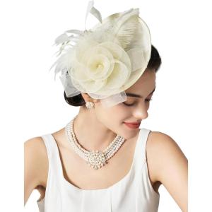 imageSWEETV Flower Sinamay Tea Party Fascinators for Women Kentucky Derby Hats for Church Cocktail Wedding Fancy Dress PartyBeige
