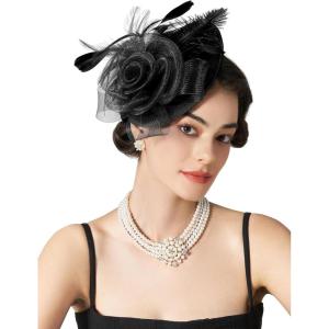 imageSWEETV Flower Sinamay Tea Party Fascinators for Women Kentucky Derby Hats for Church Cocktail Wedding Fancy Dress PartyBlack
