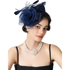 imageSWEETV Flower Sinamay Tea Party Fascinators for Women Kentucky Derby Hats for Church Cocktail Wedding Fancy Dress PartyBlue