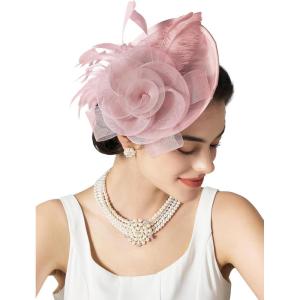 imageSWEETV Flower Sinamay Tea Party Fascinators for Women Kentucky Derby Hats for Church Cocktail Wedding Fancy Dress PartyPink