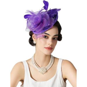 imageSWEETV Flower Sinamay Tea Party Fascinators for Women Kentucky Derby Hats for Church Cocktail Wedding Fancy Dress PartyPurple