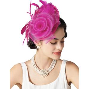 imageSWEETV Flower Sinamay Tea Party Fascinators for Women Kentucky Derby Hats for Church Cocktail Wedding Fancy Dress PartyRose Red