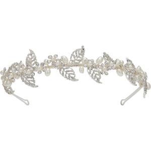 imageSWEETV Pearl Bridal Headband Silver Tiara for Bride Headpiece Crystal Leaf Wedding Hair Accessories Jewelry Tiaras for Women