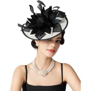 imageSWEETV Sinamay Kentucky Tea Hat Derby Hats Fascinators for Women Tea Party Hats for Church Cocktail Wedding Fancy Dress Party Black