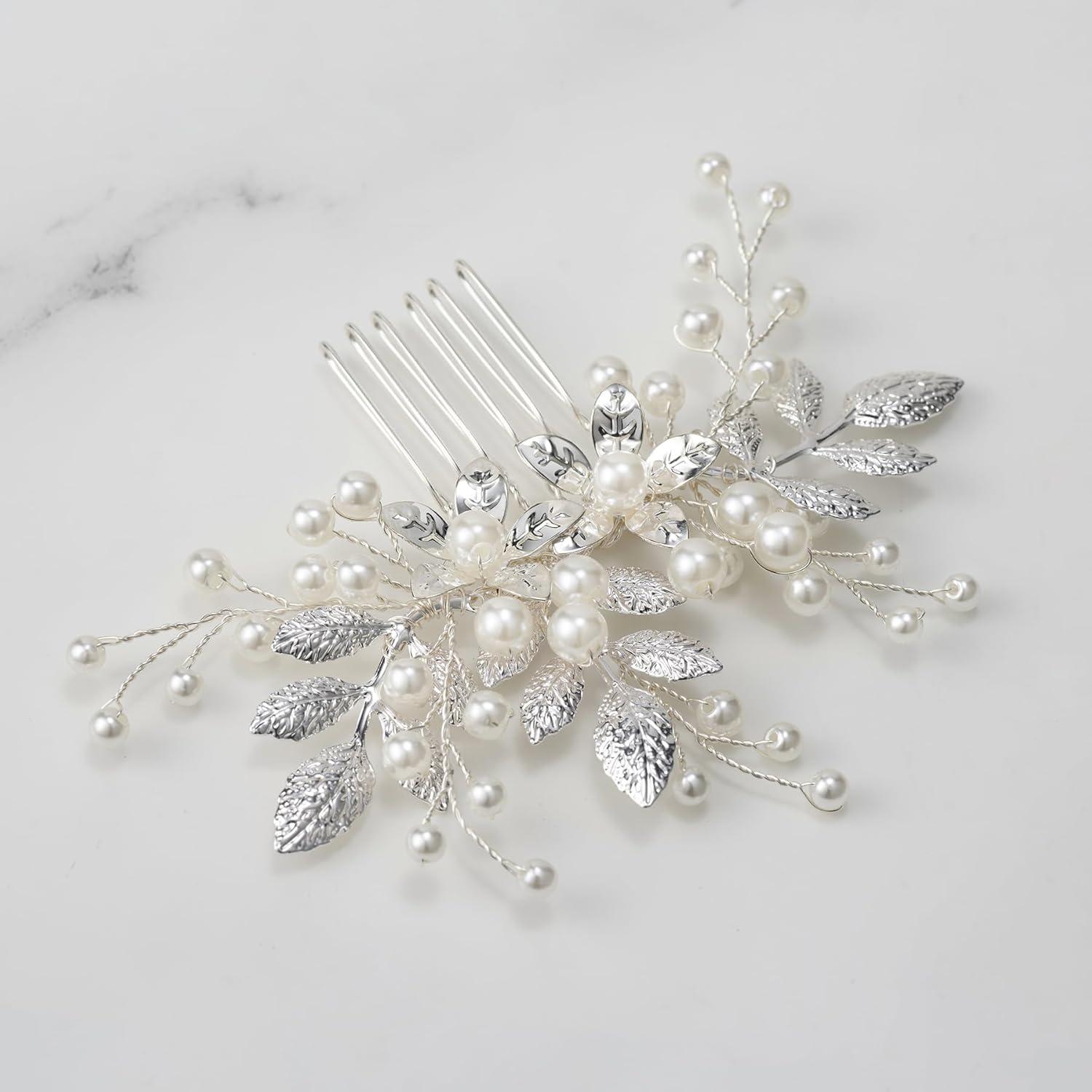 imageSWEETV Bridal Hair Comb Bendable Pearl Crystal Hair Accessory Leaf Hair Piece Vintage Wedding Hair Accessories for Brides Bridesmaids Women GirlsSliver01