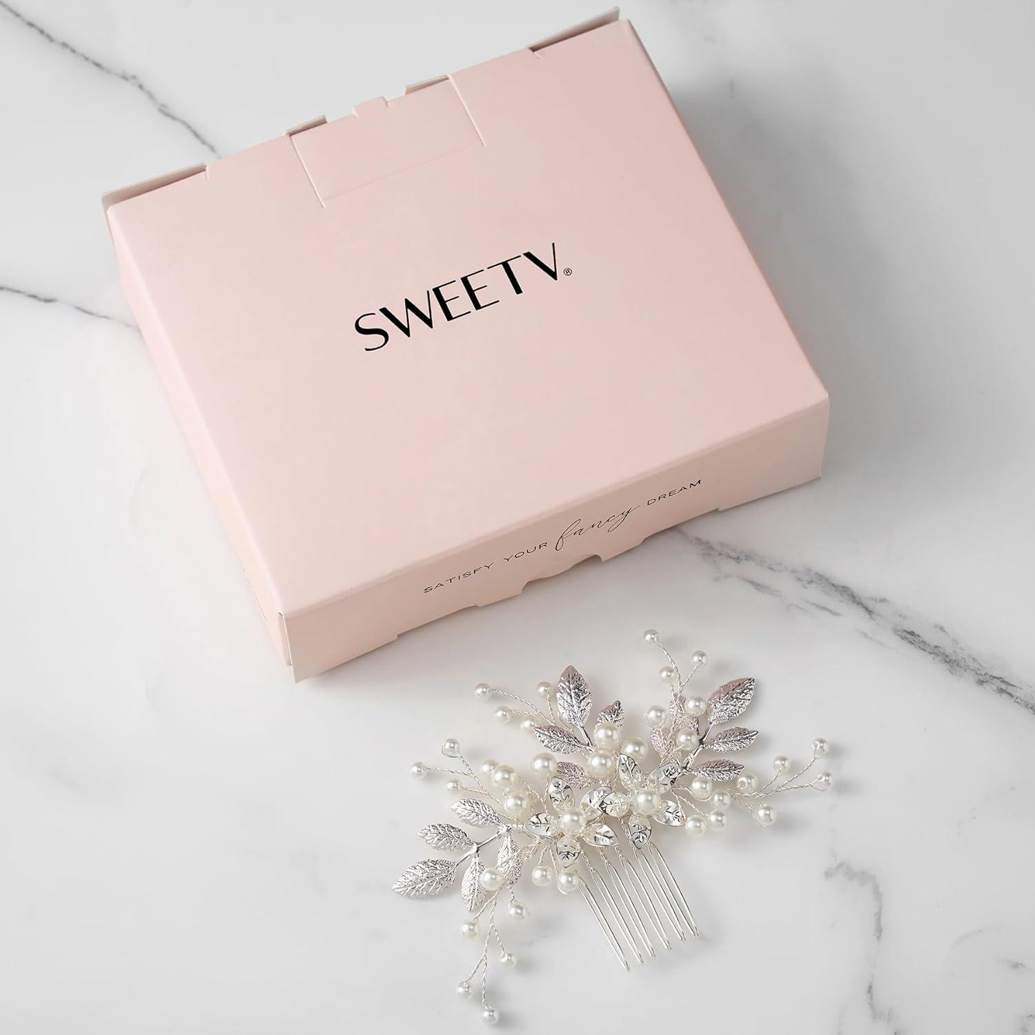 imageSWEETV Bridal Hair Comb Bendable Pearl Crystal Hair Accessory Leaf Hair Piece Vintage Wedding Hair Accessories for Brides Bridesmaids Women GirlsSliver01