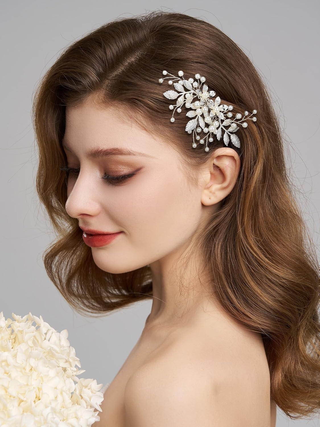 imageSWEETV Bridal Hair Comb Bendable Pearl Crystal Hair Accessory Leaf Hair Piece Vintage Wedding Hair Accessories for Brides Bridesmaids Women GirlsSliver01