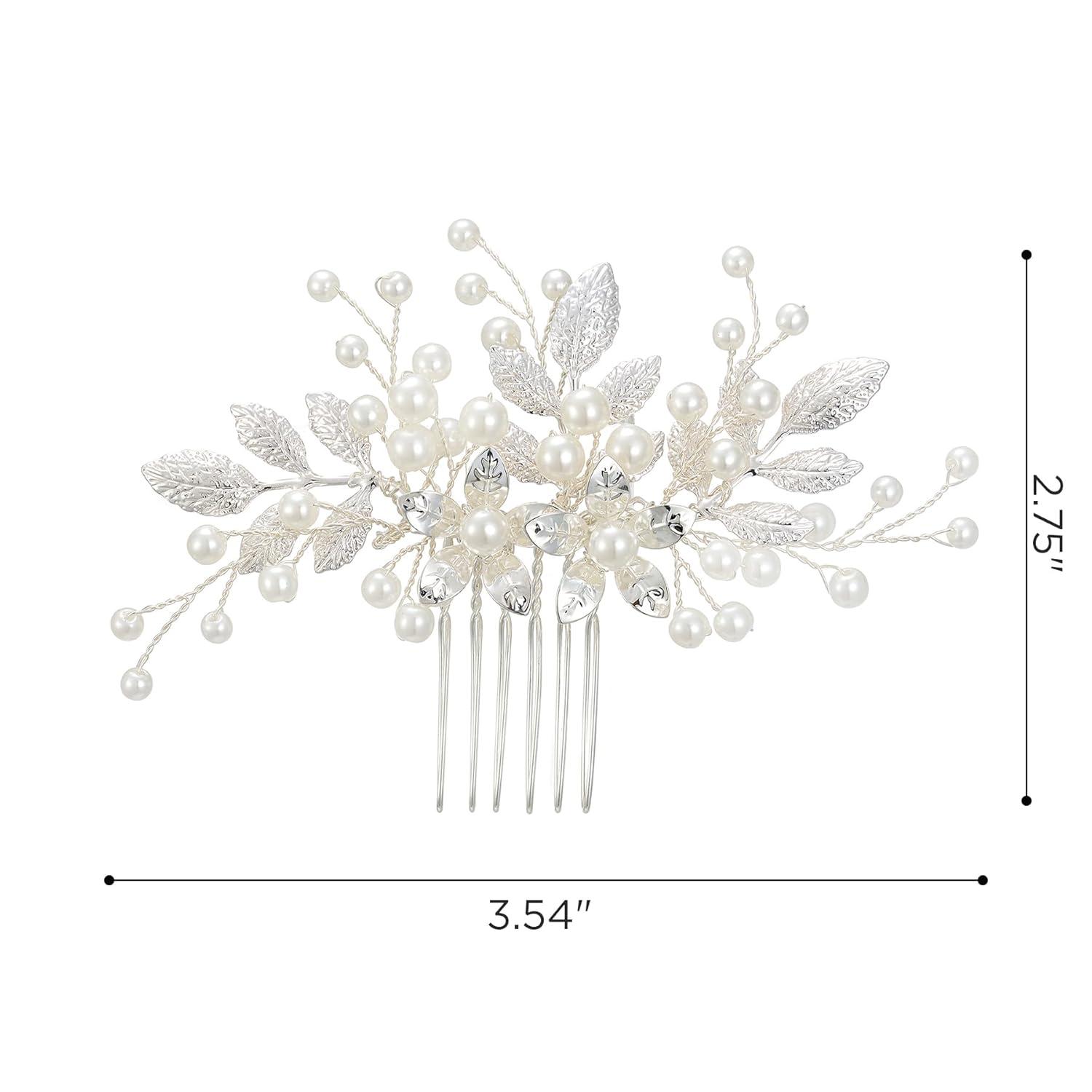imageSWEETV Bridal Hair Comb Bendable Pearl Crystal Hair Accessory Leaf Hair Piece Vintage Wedding Hair Accessories for Brides Bridesmaids Women GirlsSliver01