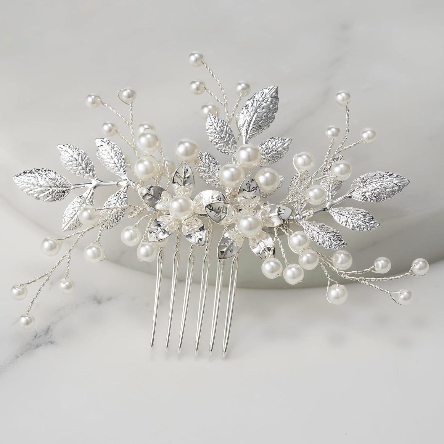 imageSWEETV Bridal Hair Comb Bendable Pearl Crystal Hair Accessory Leaf Hair Piece Vintage Wedding Hair Accessories for Brides Bridesmaids Women GirlsSliver01