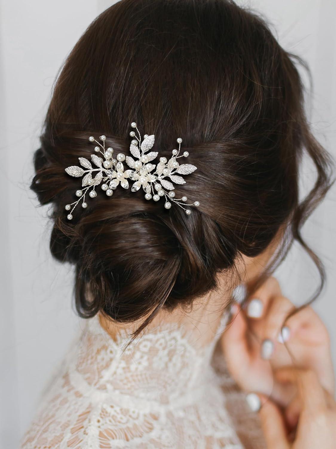 imageSWEETV Bridal Hair Comb Bendable Pearl Crystal Hair Accessory Leaf Hair Piece Vintage Wedding Hair Accessories for Brides Bridesmaids Women GirlsSliver01