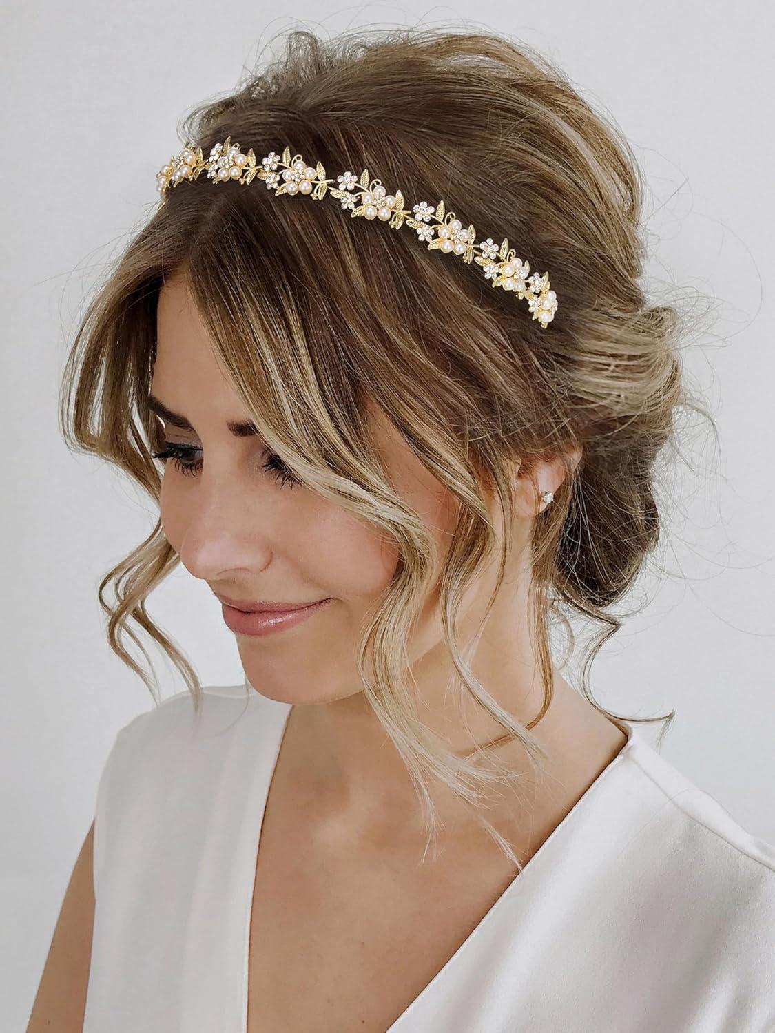 imageSWEETV Bridal Headband Wedding Headpieces for Bride Wedding Headband for Women Rhinestone Bridal Hair Accessories Vintage Style GoldGold 1