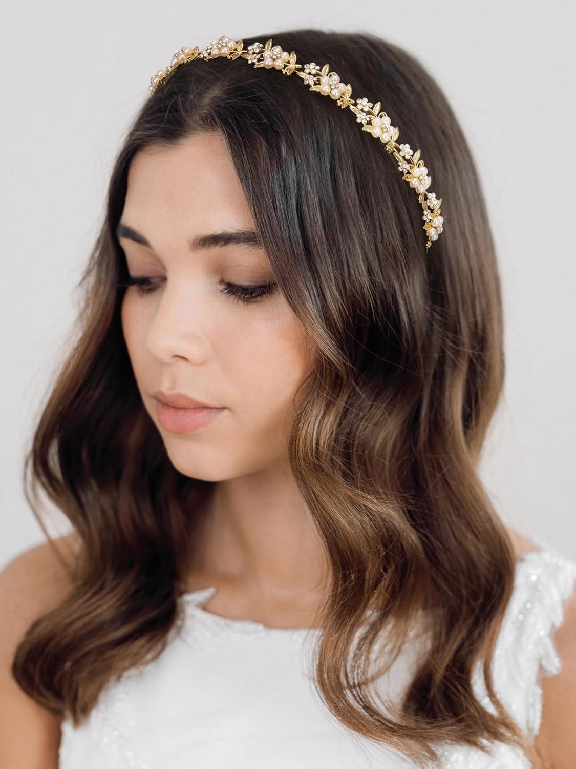 imageSWEETV Bridal Headband Wedding Headpieces for Bride Wedding Headband for Women Rhinestone Bridal Hair Accessories Vintage Style GoldGold 1