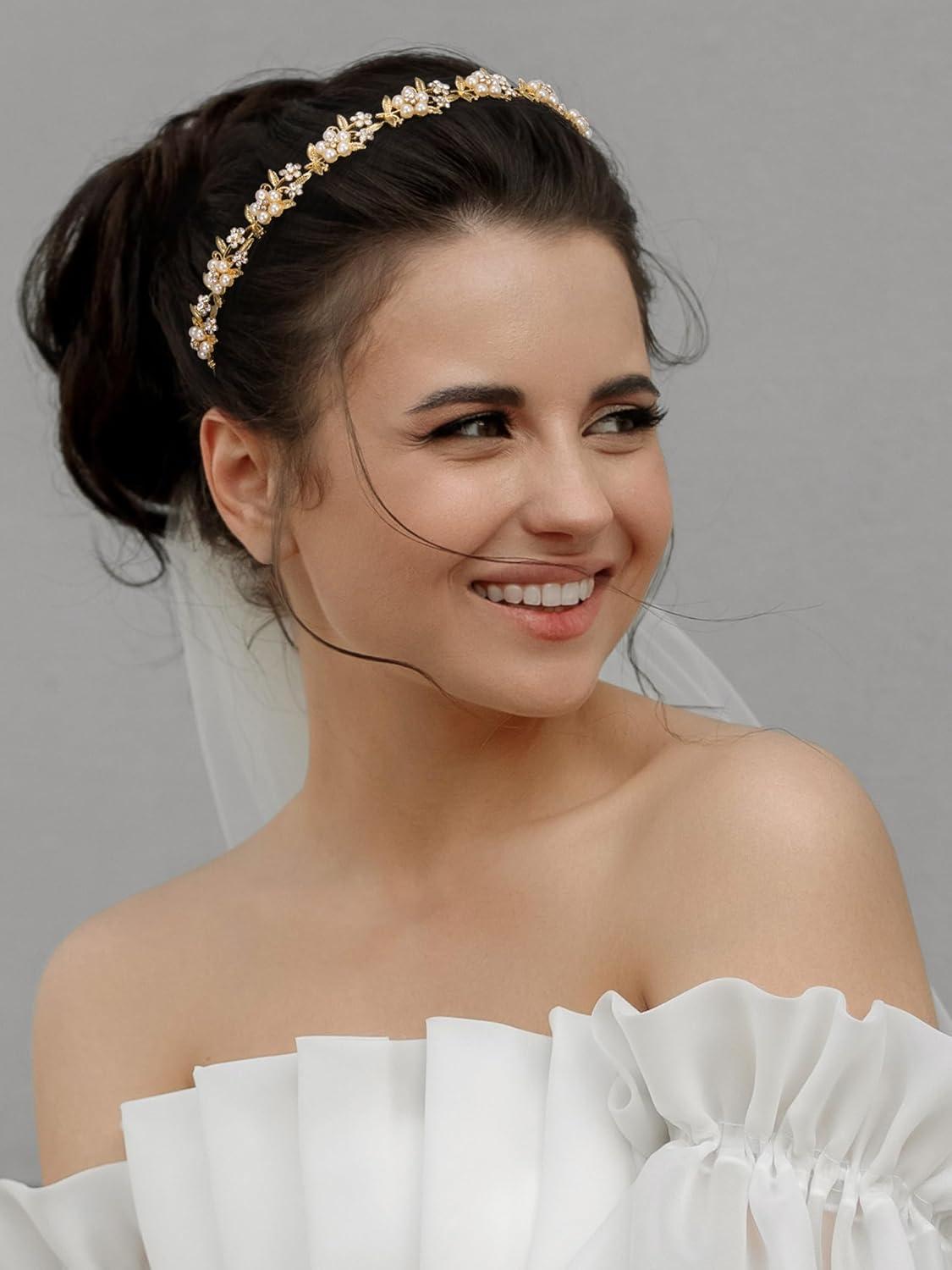 imageSWEETV Bridal Headband Wedding Headpieces for Bride Wedding Headband for Women Rhinestone Bridal Hair Accessories Vintage Style GoldGold 1