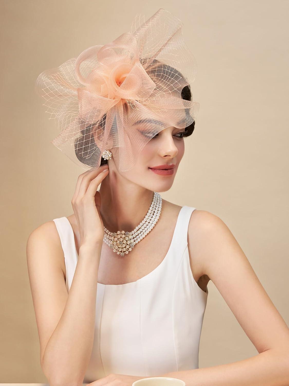 imageSWEETV Flower Fascinators Tea Party Hats for Women Formal Headwear for Kentucky Derby Cocktail Wedding Fancy Dress PartyPeach