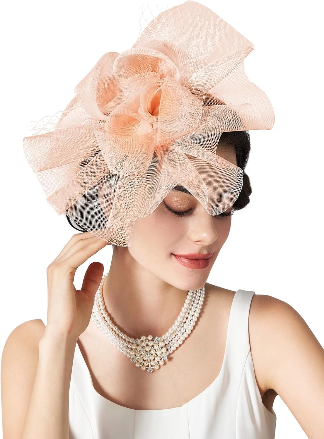 imageSWEETV Flower Fascinators Tea Party Hats for Women Formal Headwear for Kentucky Derby Cocktail Wedding Fancy Dress PartyPeach
