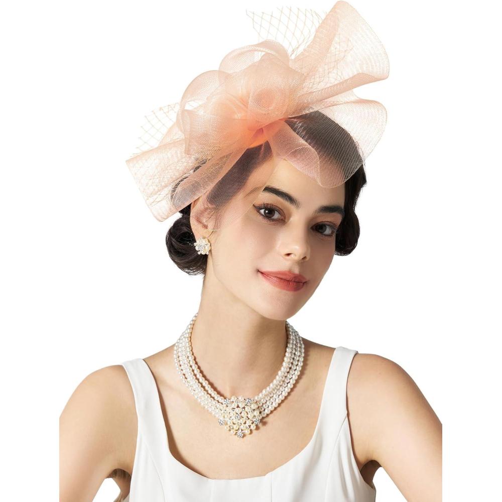 imageSWEETV Flower Fascinators Tea Party Hats for Women Formal Headwear for Kentucky Derby Cocktail Wedding Fancy Dress PartyPeach