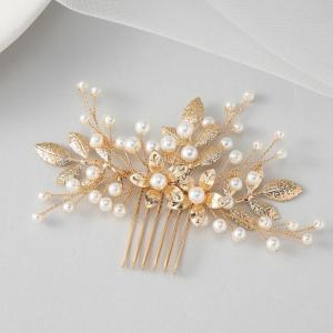 imageSWEETV Bridal Hair Comb Bendable Pearl Crystal Hair Accessory Leaf Hair Piece Vintage Wedding Hair Accessories for Brides Bridesmaids Women GirlsGold01
