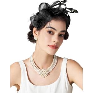 imageSWEETV Fascinators Headband with Feather Womens Tea Party Hat for Kentucky Derby Cocktail Wedding Fancy Dress PartyBlack