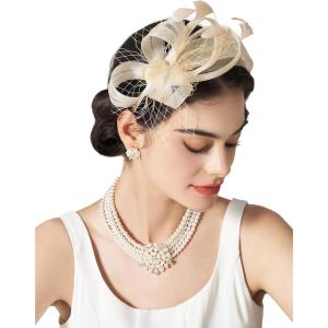 imageSWEETV Fascinators Headband with Feather Womens Tea Party Hat for Kentucky Derby Cocktail Wedding Fancy Dress PartyChampagne