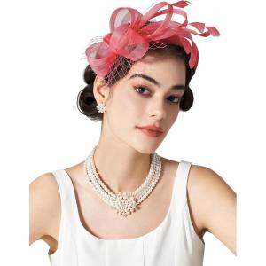 imageSWEETV Fascinators Headband with Feather Womens Tea Party Hat for Kentucky Derby Cocktail Wedding Fancy Dress PartyCoral