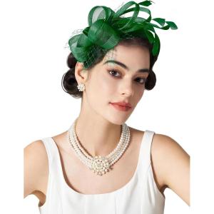 imageSWEETV Fascinators Headband with Feather Womens Tea Party Hat for Kentucky Derby Cocktail Wedding Fancy Dress PartyGreen