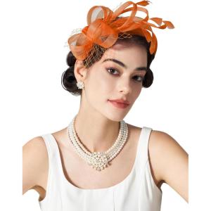 imageSWEETV Fascinators Headband with Feather Womens Tea Party Hat for Kentucky Derby Cocktail Wedding Fancy Dress PartyOrange