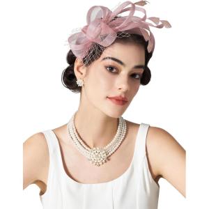 imageSWEETV Fascinators Headband with Feather Womens Tea Party Hat for Kentucky Derby Cocktail Wedding Fancy Dress PartyPink