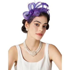 imageSWEETV Fascinators Headband with Feather Womens Tea Party Hat for Kentucky Derby Cocktail Wedding Fancy Dress PartyPurple
