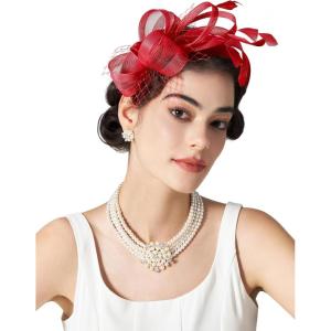 imageSWEETV Fascinators Headband with Feather Womens Tea Party Hat for Kentucky Derby Cocktail Wedding Fancy Dress PartyRed