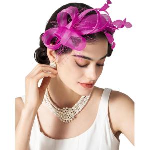 imageSWEETV Fascinators Headband with Feather Womens Tea Party Hat for Kentucky Derby Cocktail Wedding Fancy Dress PartyRose Red