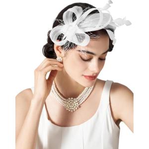 imageSWEETV Fascinators Headband with Feather Womens Tea Party Hat for Kentucky Derby Cocktail Wedding Fancy Dress PartyWhite
