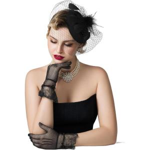 imageSWEETV Fascinators Pillbox Hats for Women Tea Party Hat and Short Lace Gloves Set Perfect for Kentucky Derby CocktailBlack
