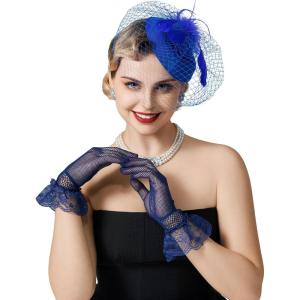 imageSWEETV Fascinators Pillbox Hats for Women Tea Party Hat and Short Lace Gloves Set Perfect for Kentucky Derby CocktailBlue