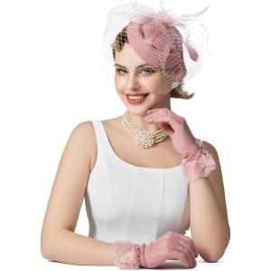 imageSWEETV Fascinators Pillbox Hats for Women Tea Party Hat and Short Lace Gloves Set Perfect for Kentucky Derby CocktailDusty Pink