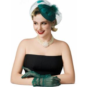 imageSWEETV Fascinators Pillbox Hats for Women Tea Party Hat and Short Lace Gloves Set Perfect for Kentucky Derby CocktailGreen