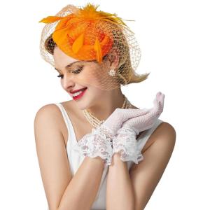 imageSWEETV Fascinators Pillbox Hats for Women Tea Party Hat and Short Lace Gloves Set Perfect for Kentucky Derby CocktailOrange