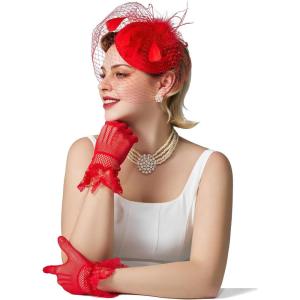 imageSWEETV Fascinators Pillbox Hats for Women Tea Party Hat and Short Lace Gloves Set Perfect for Kentucky Derby CocktailRed