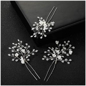 imageSWEETV Flower Beaded Wedding Hair Pins Rhinestone Bridal Hair Accessories decorative for Brides and BridesmaidPack of 3 SilverSilver