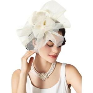 imageSWEETV Flower Fascinators Tea Party Hats for Women Formal Headwear for Kentucky Derby Cocktail Wedding Fancy Dress PartyBeige