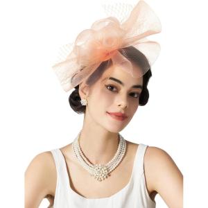 imageSWEETV Flower Fascinators Tea Party Hats for Women Formal Headwear for Kentucky Derby Cocktail Wedding Fancy Dress PartyPeach