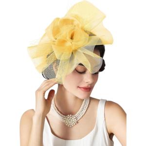 imageSWEETV Flower Fascinators Tea Party Hats for Women Formal Headwear for Kentucky Derby Cocktail Wedding Fancy Dress PartyYellow