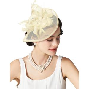 imageSWEETV Tea Party Hats Fascinators for Women Fascinators Hats for Kentucky Derby Cocktail Wedding Fancy Dress PartyBeige