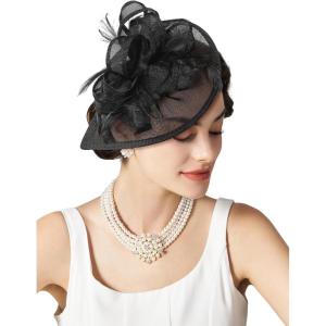 imageSWEETV Tea Party Hats Fascinators for Women Fascinators Hats for Kentucky Derby Cocktail Wedding Fancy Dress PartyBlack
