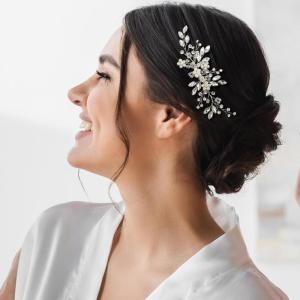 imageSWEETV Wedding Hair Comb Pearl Bride Hair Pins Flower Hair Piece Rhinestone Bridal Hair Accessories for Women and GirlsSliver03