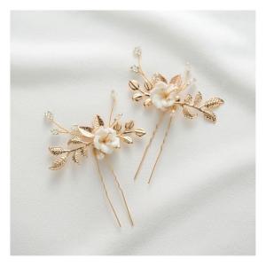 imageSWEETV 2Pcs Bridal Hair AccessoriesSilver Wedding Hair Pins Pieces With White Flowers for Brides1Gold