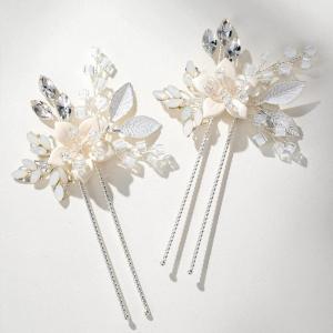 imageSWEETV 2Pcs Handmade Wedding Hair PinsFlower Bridal Hair PinBeaded Wedding Hair Accessories for Brides Silver