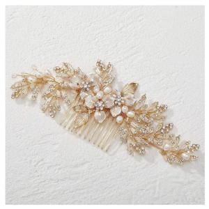 imageSWEETV Silver Bridal Hair Comb for Wedding Hair Accessories Handmade with Crystals Pearls and Leaves 472 x 275 inches for Brides Women1Gold