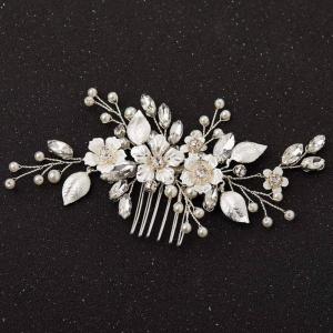 imageSWEETV Silver Bridal Hair Comb for Wedding Hair Accessories Handmade with Crystals Pearls and Leaves 472 x 275 inches for Brides Women1Silver