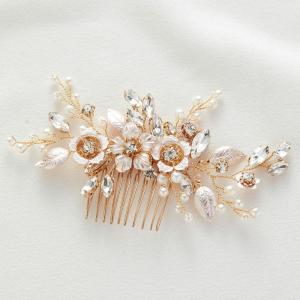 imageSWEETV Silver Bridal Hair Comb for Wedding Hair Accessories Handmade with Crystals Pearls and Leaves 472 x 275 inches for Brides Women2Rose Gold